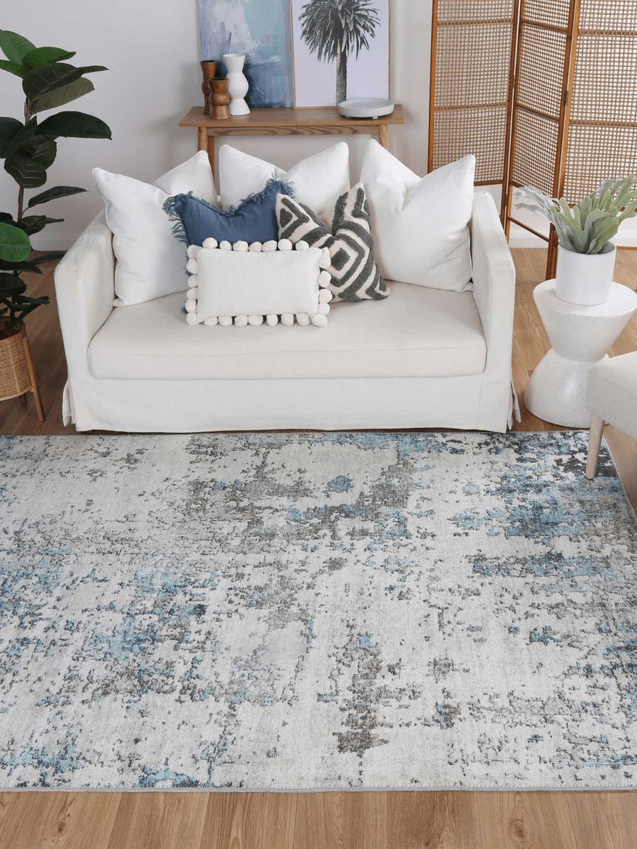 Pet friendly rugs in a living room.
