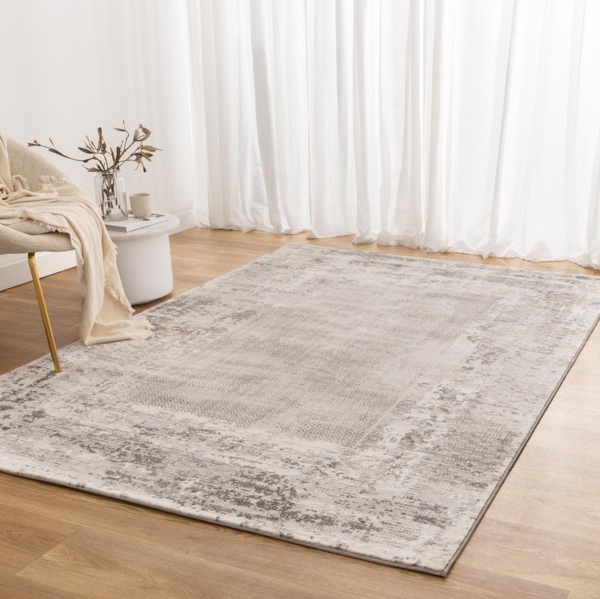 Liora Distressed Border Beige Grey Rug