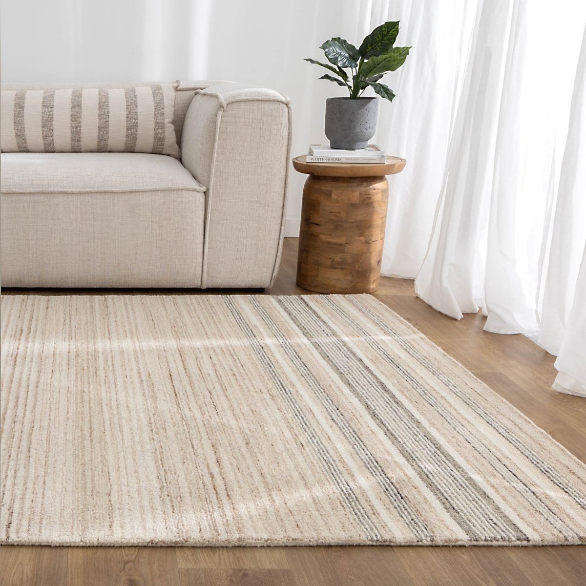 Nancy Multi Stripe Beige Grey Wool Rug