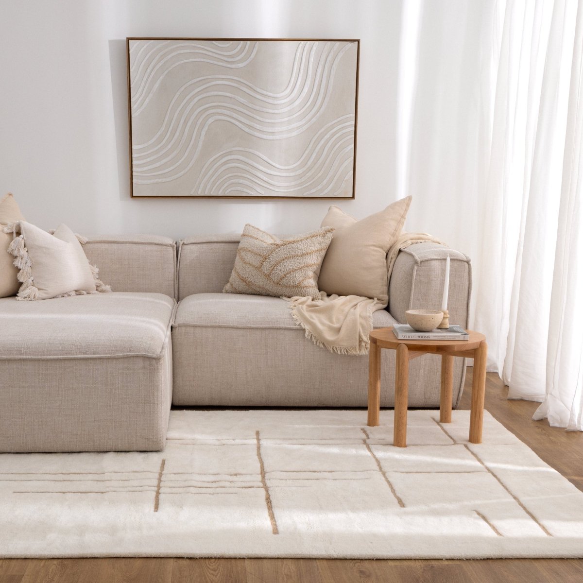 Noola Abstract Beige Lines Washable Wool Rug