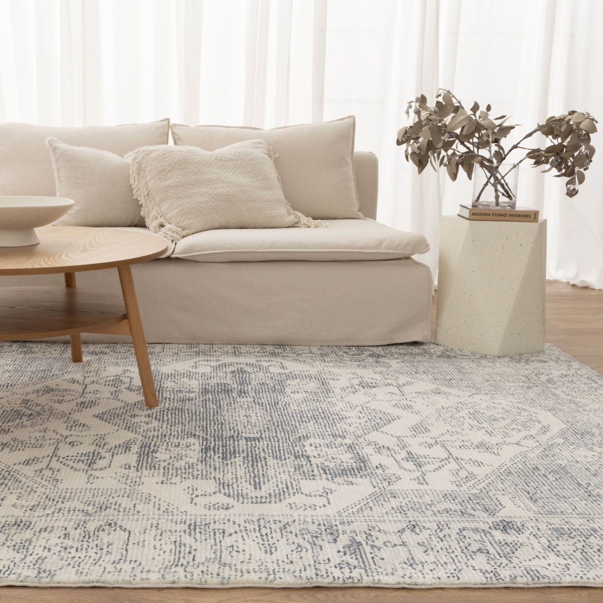 Softy Medallion Cream Blue Washable Rug