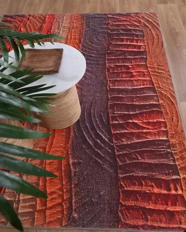 Machine washable rug with plants and side table.