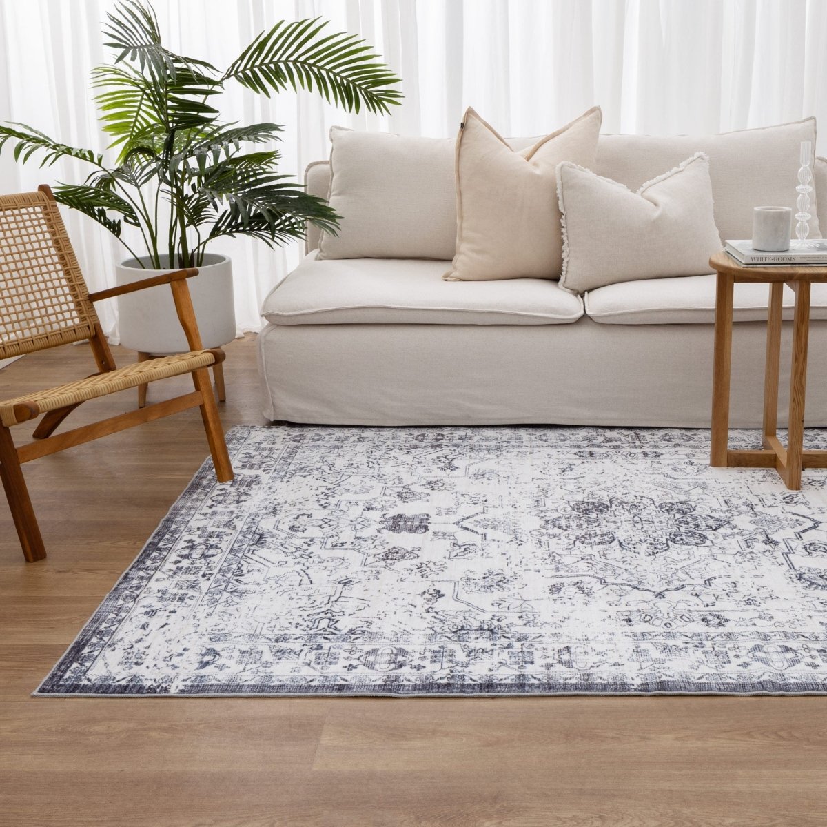 Berm Blue Distressed Medallion Machine Washable Rug