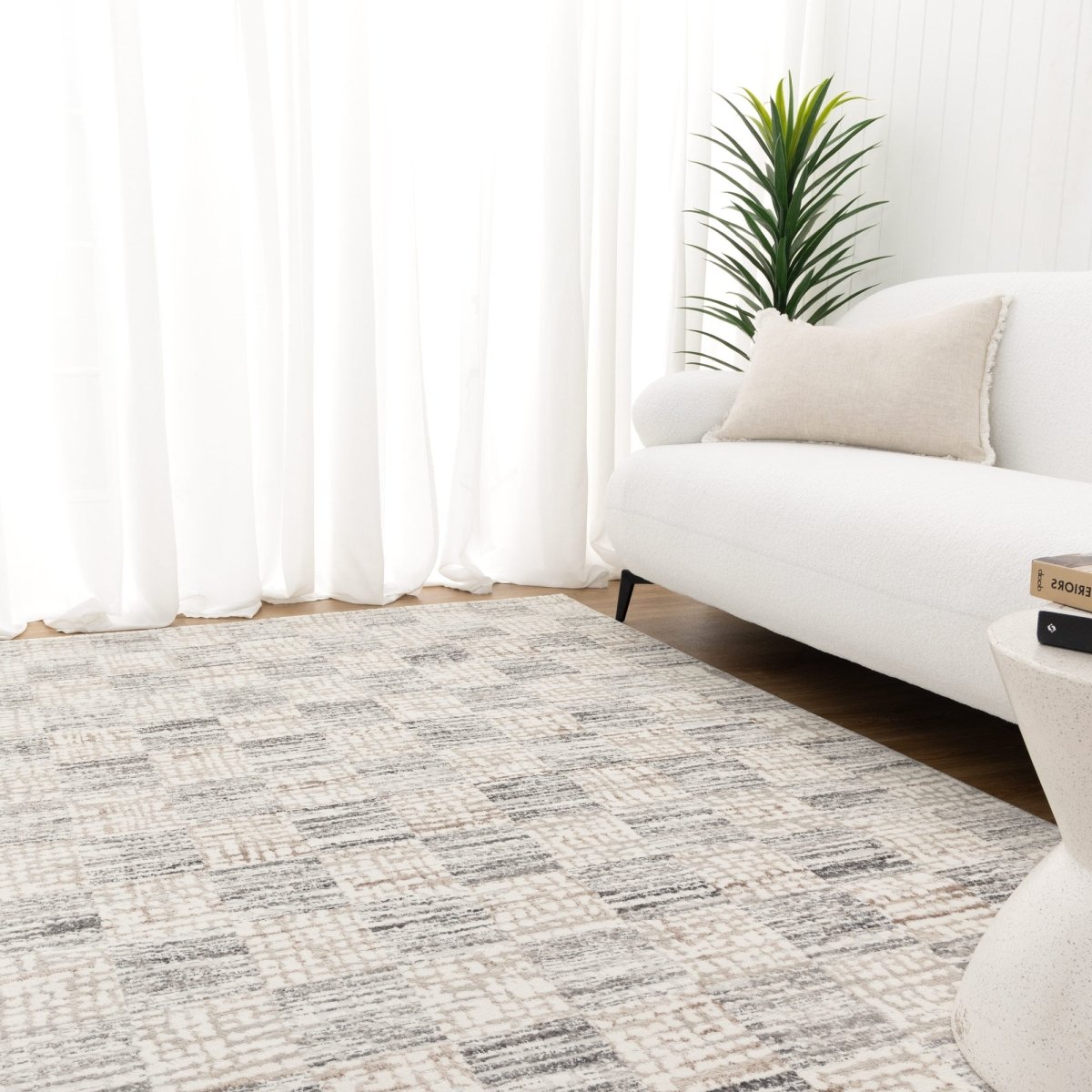 Cleo Distressed Checkered Grey Beige Rug