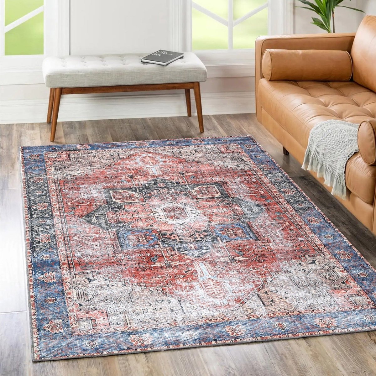 Distressed Vintage Cezanne Terracotta Blue Washable Rug