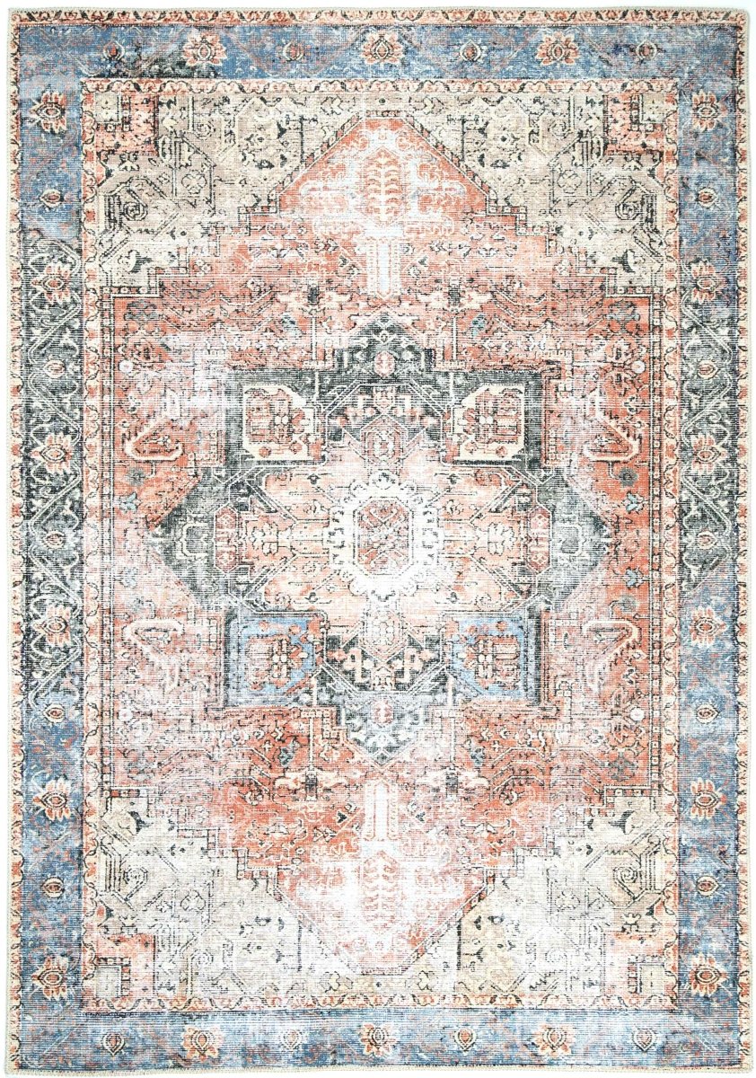 Distressed Vintage Cezanne Terracotta Blue Washable Rug