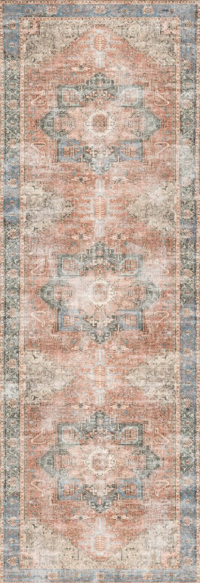 Distressed Vintage Cezanne Terracotta Blue Washable Rug