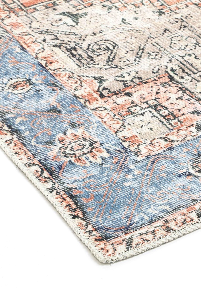 Distressed Vintage Cezanne Terracotta Blue Washable Rug