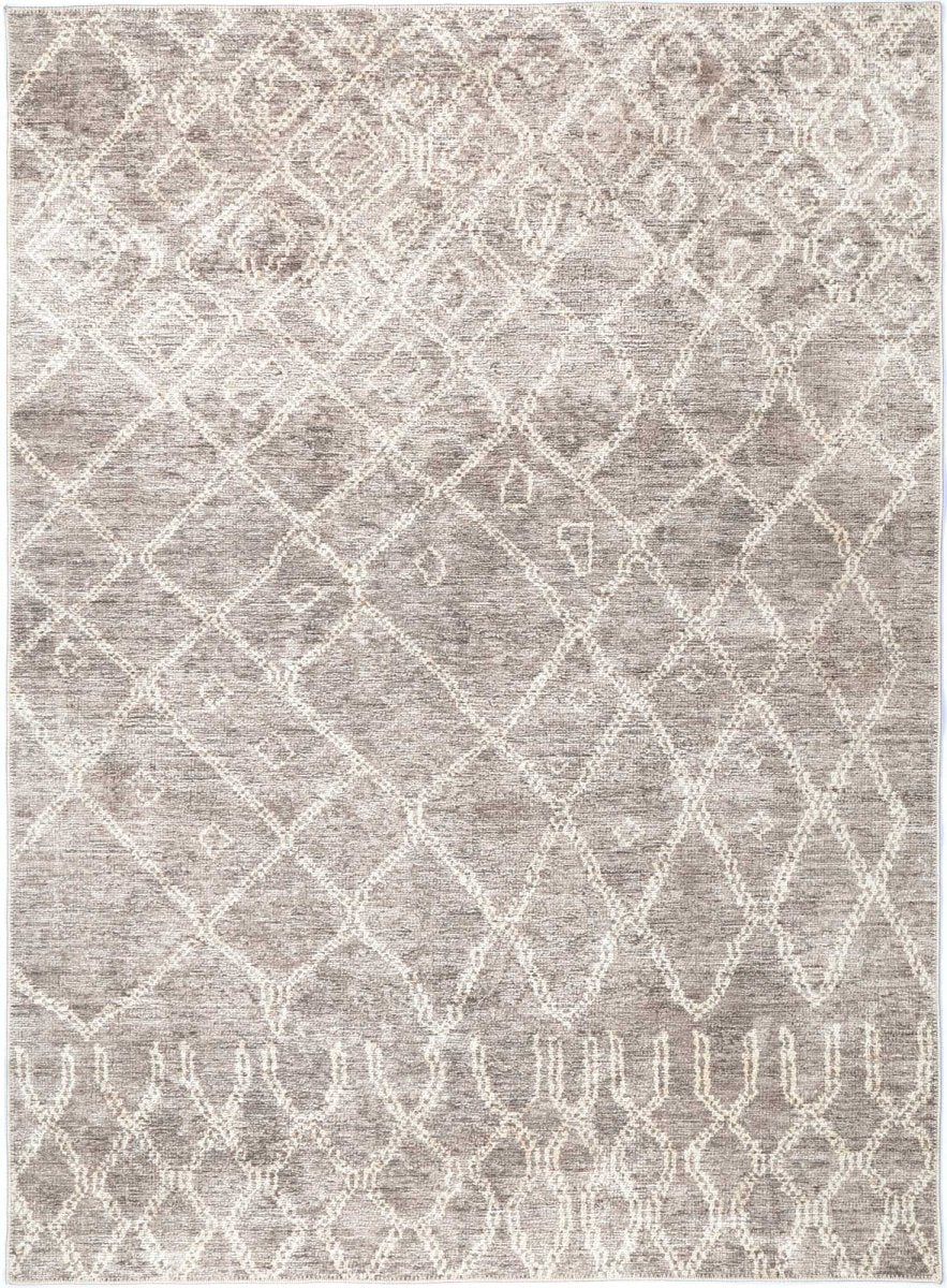 A beige, gold, and taupe rug with a warm and sophisticated aesthetic, made from recycled cotton and designed for indoor use.