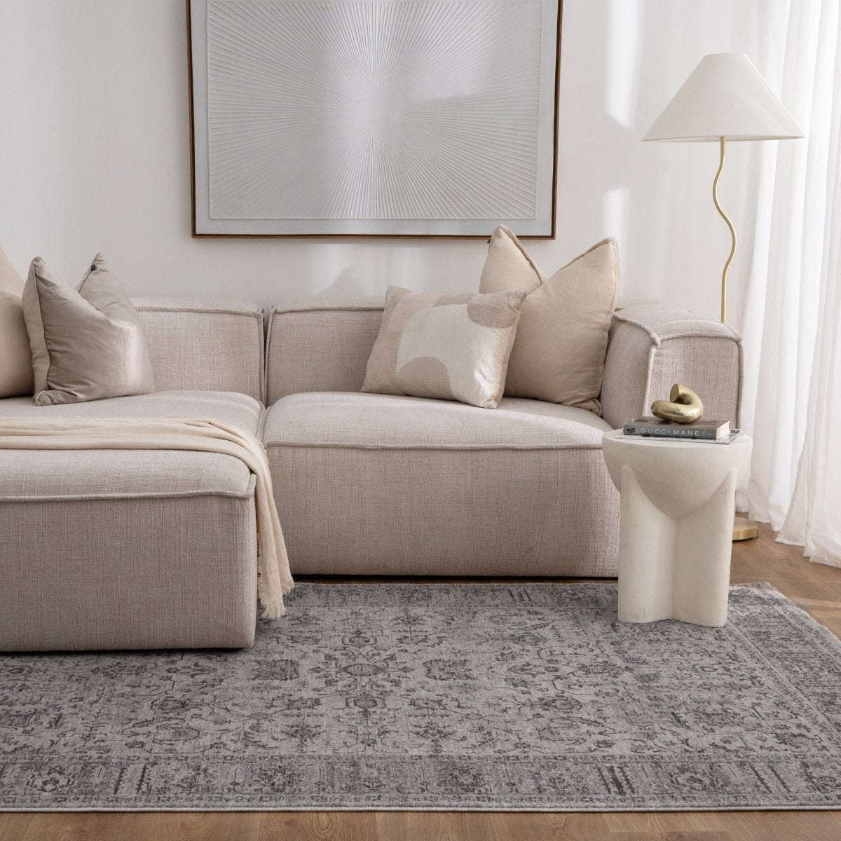 Tarra Distressed Border Grey Rug