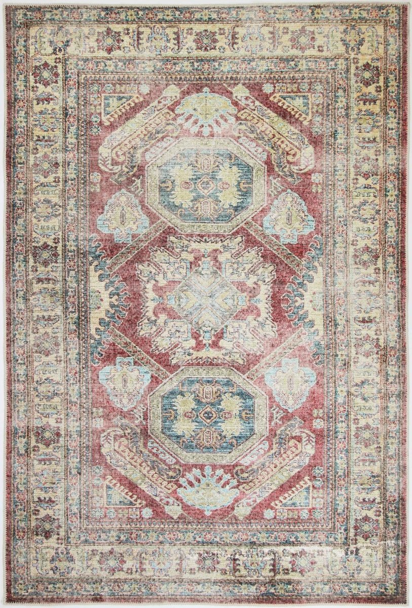 The Traditional Kazak Ruby rug is a stunning work of art with a classic design and warm red color scheme. It is made with recycled cotton and features Fur_riendlyâ„¢ technology to reduce allergens. With its liquid-repellent and machine washable properties, this rug is both stylish and practical for any home.