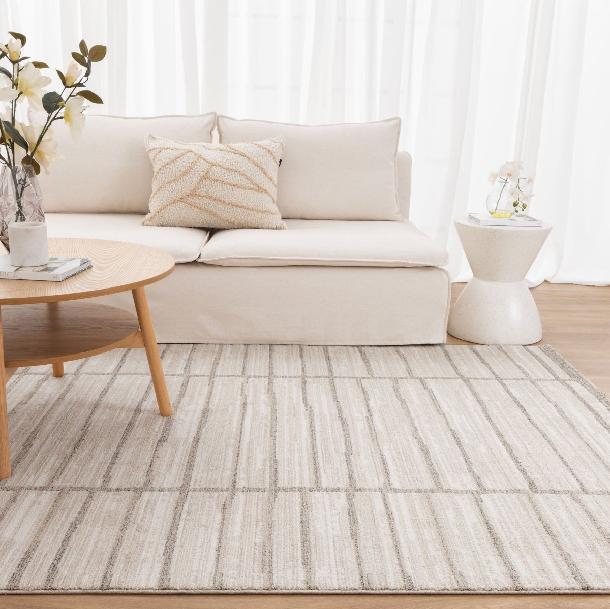 Zenda Distressed Thick Lines Beige Grey Rug