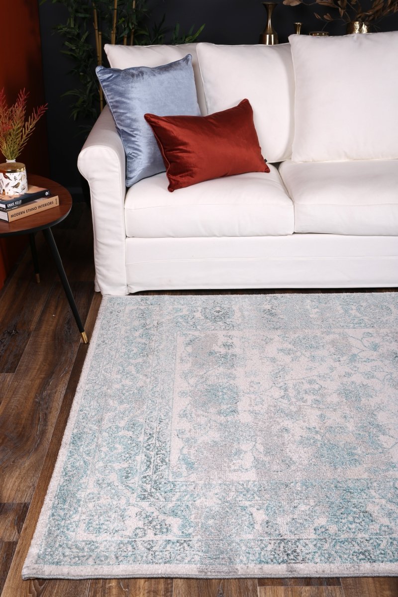 Crisp Peony Ivory & Blue Transitional Rug - Ruggy