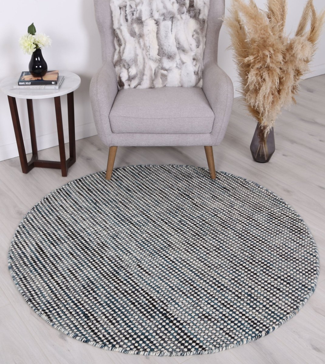 Majesty Teal Blue Reversible Wool Round Rug - Ruggy