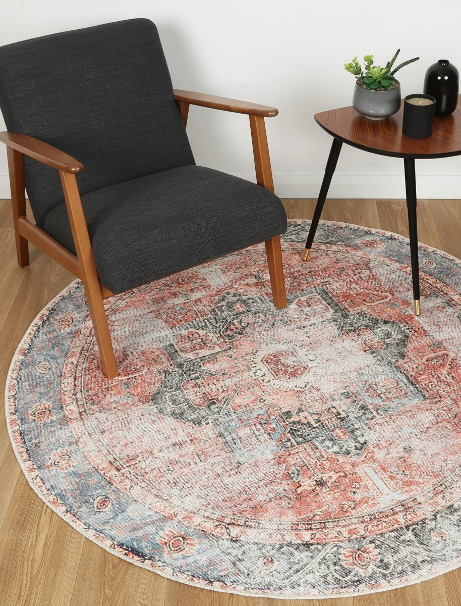 Royal Blue Multi Distressed Washable Round Rug - Ruggy