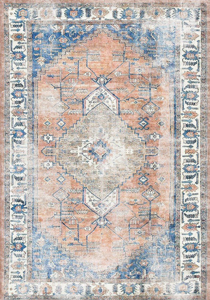 Royal Blue Rust Distressed Washable Rug - Ruggy