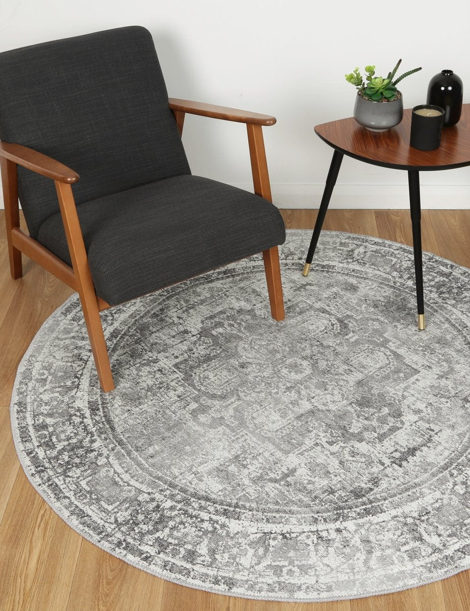 Royal Chilaz Grey Distressed Washable Round Rug - Ruggy