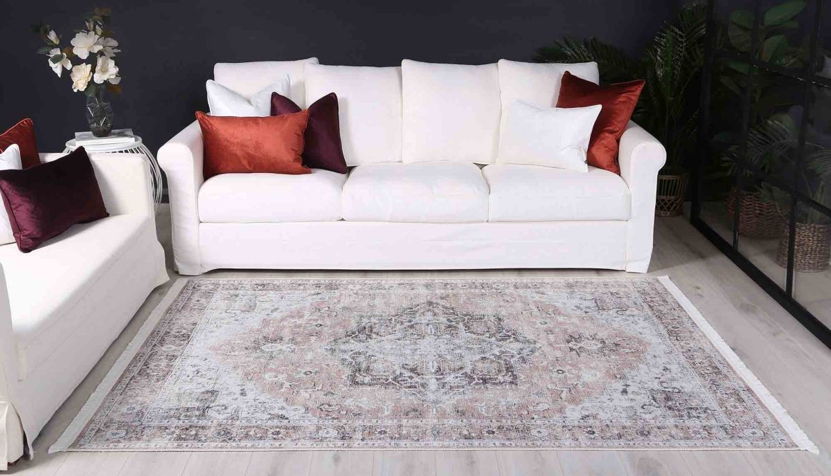 Royal Cream Rust Distressed Washable Rug - Ruggy