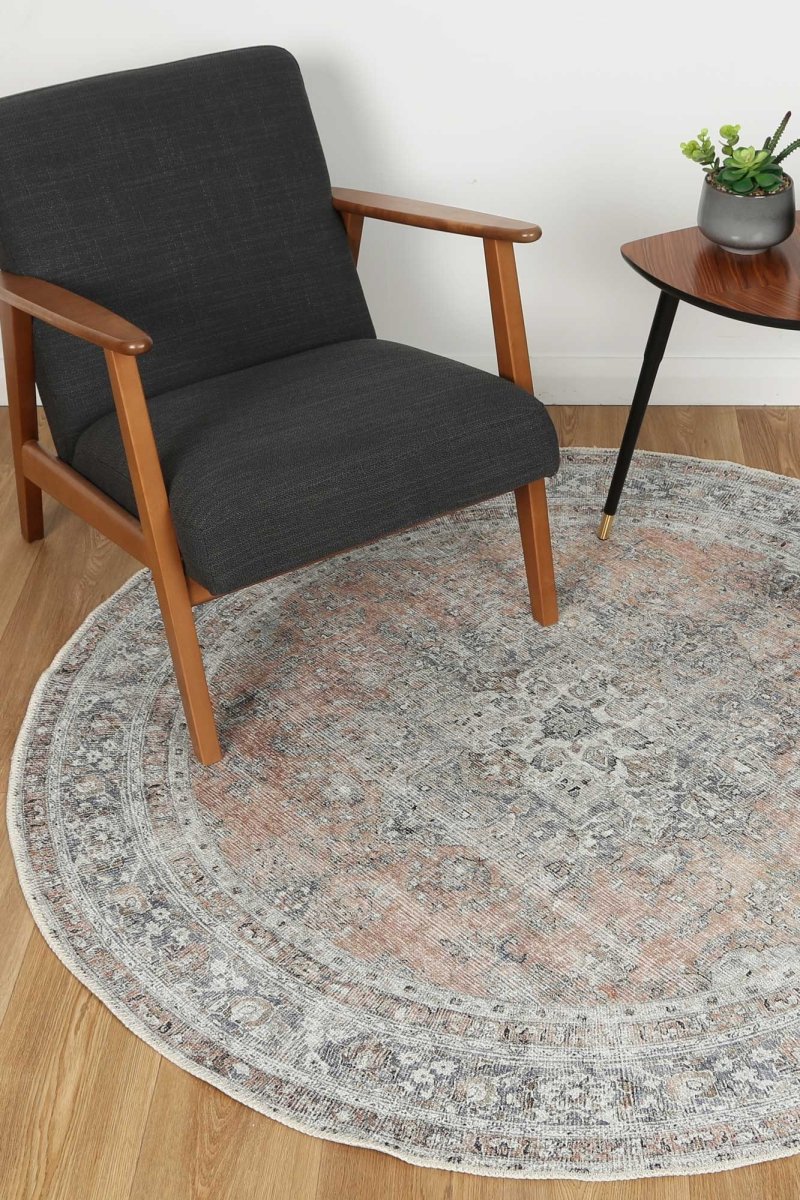 Royal Oxus Desert Distressed Washable Round Rug - Ruggy